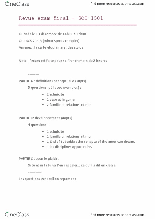 SOC 1501 Final Revue Exam Final SOC 1501 OneClass