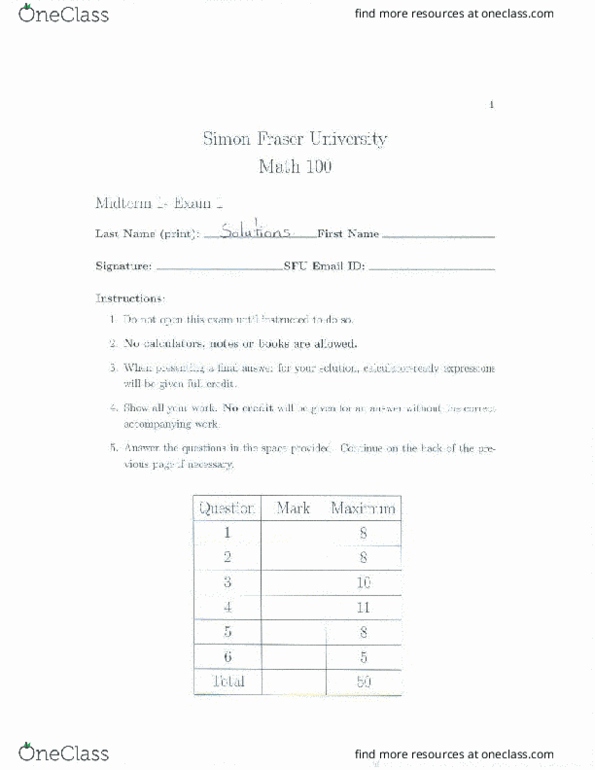 MATH 100 Midterm MATH100 Midterm 1 2009 Fall Solutions OneClass