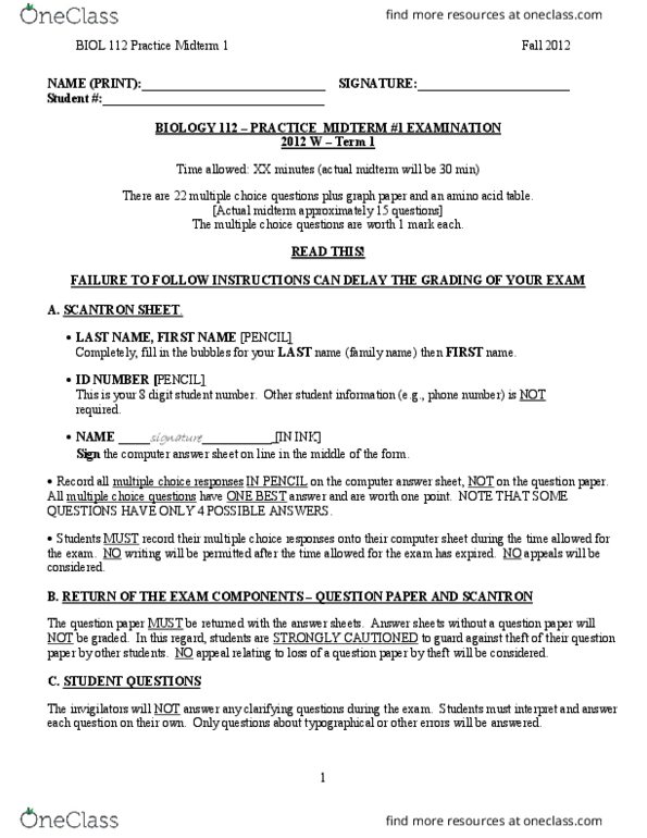 BIOL 112 Midterm BIOL112 Term Test 1 2012 Winter With Solutions OneClass