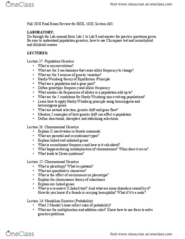 BIOL 1020 Study Guide Fall 2018 Final Genetic Drift Dihybrid