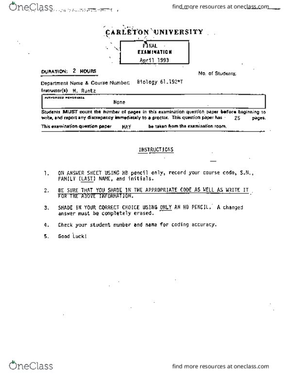 BIOL 1902 Midterm Exam BIOL19x2 1993April OneClass