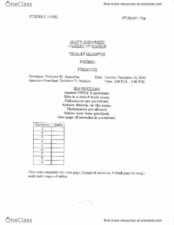 MATH 324 Midterm MATH324 Fall 2006 Exam OneClass