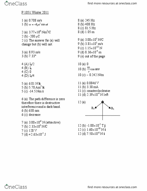 PHYS 1051 Final PHYS 1051 Final Exam 2011 Answers OneClass