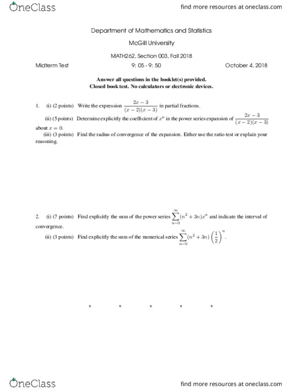 MATH 262 Midterm MATH 262 Midterm 3 Fall 2018 OneClass