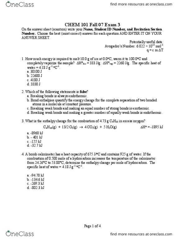 CHEM 101 Midterm CHEM 101 Drexel CHEM 101 Exam 3 Fall 2007 No Answers