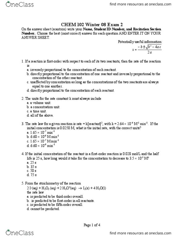 CHEM 102 Midterm CHEM 102 Drexel CHEM 102 Exam 2 WINTER 07 08 No