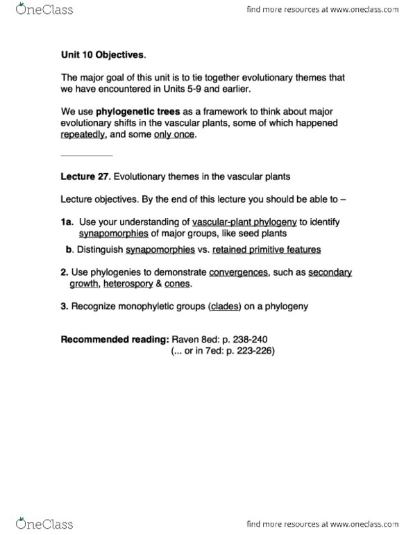 BIOL 210 Study Guide Spring 2014 Final Heterospory Synapomorphy