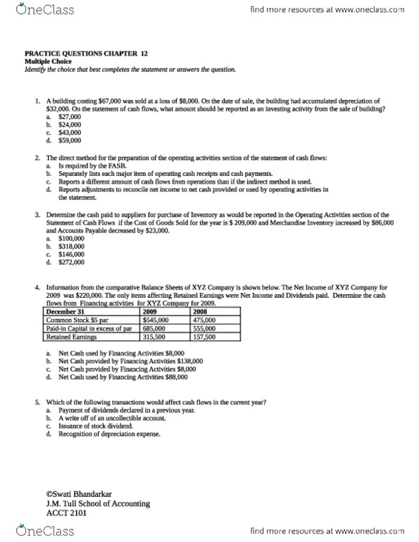 ACCT 2101 ACCT 2101 CHAPTER 12 Practice Questions OneClass