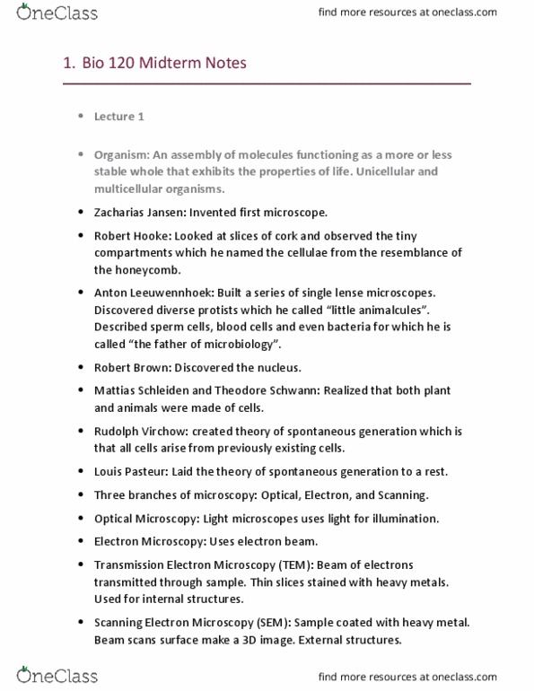 BIOL 120 Midterm Bio 120 Midterm Notes OneClass