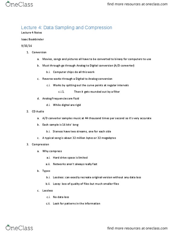 CAS CS 101 Lecture Notes - Lecture 4: Ponomusic, Moving Picture Experts Group, Flac thumbnail