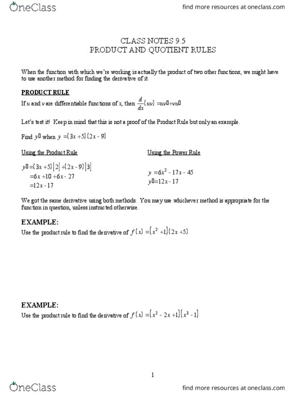 MATH 132 Lecture Notes - Lecture 6: Quotient Rule, Product Rule, Power Rule thumbnail
