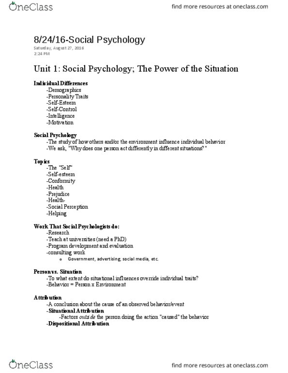 PSY 210 Lecture Notes - Lecture 1: Stanford Prison Experiment, Deindividuation thumbnail