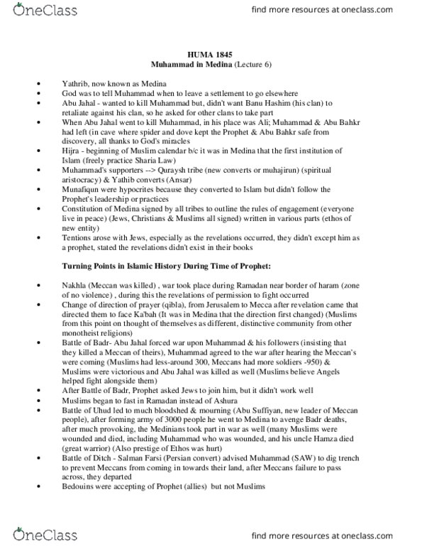 HUMA 1845 Lecture Notes - Lecture 6: Ummah, Persian Language, Hajj thumbnail