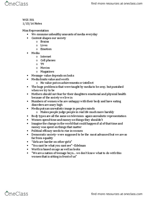 WGS 301 Lecture Notes - Lecture 1: Audre Lorde, Ethnocentrism, Existence Precedes Essence thumbnail