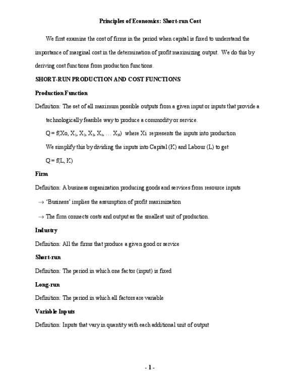 ENVS 2010U Lecture Notes - Fixed Capital, Average Variable Cost, Marginal Product thumbnail