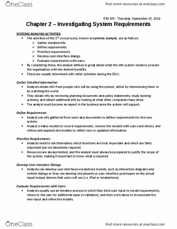 ITM 305 Lecture Notes - Lecture 2: Object Management Group, Functional Requirement, Systems Analysis thumbnail