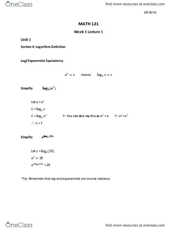 MATH 121 Lecture Notes - Lecture 4: Logarithm thumbnail