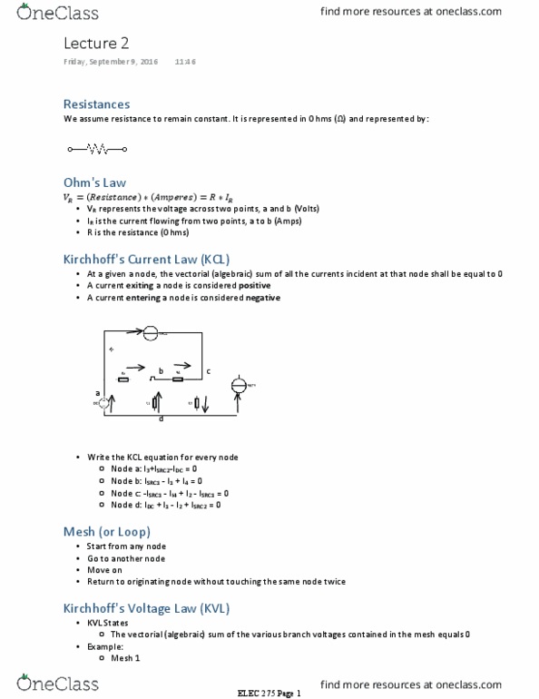 ELEC 275 Lecture Notes - Lecture 2: Volt, Moveon.Org, Kirchhoff'S Circuit Laws thumbnail