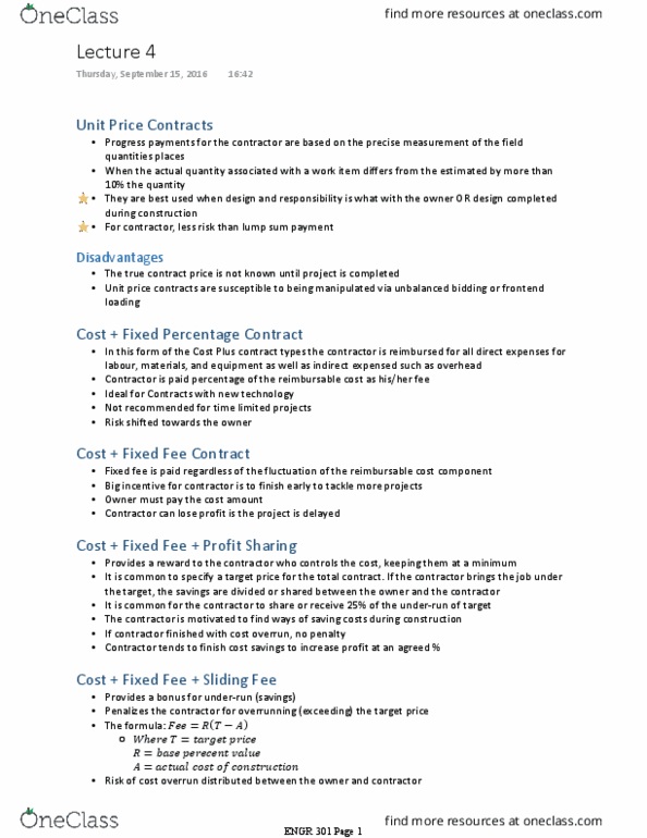 ENGR 301 Lecture Notes - Lecture 4: Force Majeure, Liquidated Damages, Cost Overrun thumbnail