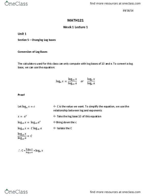 MATH 121 Lecture 5: Unit 1 Section 5- Changing Log Bases thumbnail