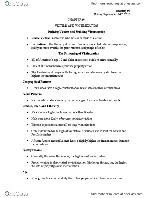 CRM 1300 Chapter Notes - Chapter 4: Victims Family, Property Crime, Intimate Partner Violence thumbnail