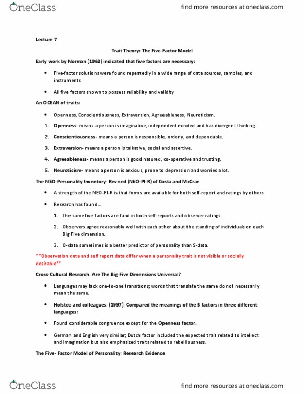 PSYC 2310H Lecture Notes - Lecture 6: Conscientiousness, Factor Analysis, Open Data Protocol thumbnail