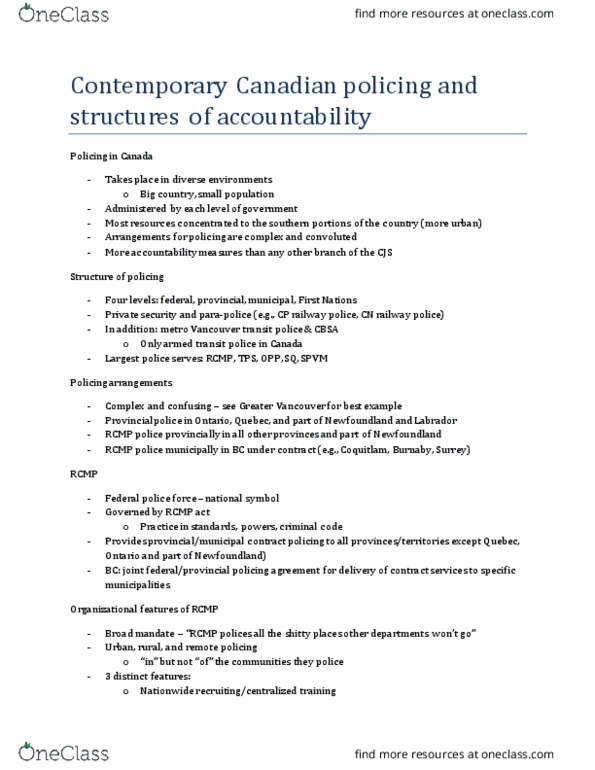 CRIM 251 Lecture Notes - Lecture 4: Peel Regional Police, Ontario Provincial Police, Municipal Police thumbnail