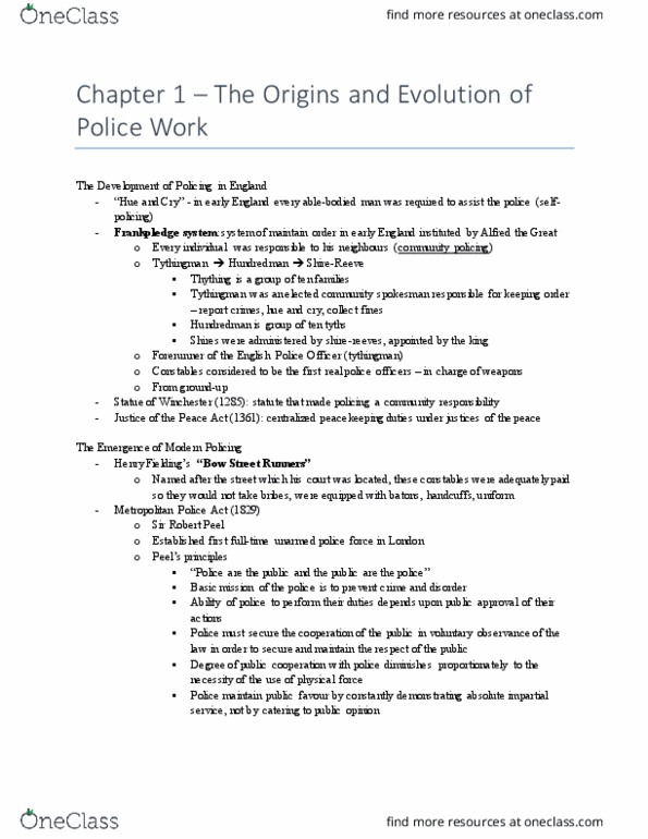 CRIM 251 Chapter Notes - Chapter 1: Tithing, Frankpledge, Police Car thumbnail