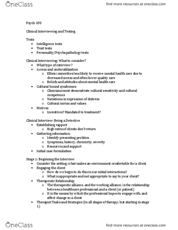 PSY 335 Lecture Notes - Lecture 3: Mild Cognitive Impairment, Therapeutic Relationship, Inter-Rater Reliability thumbnail