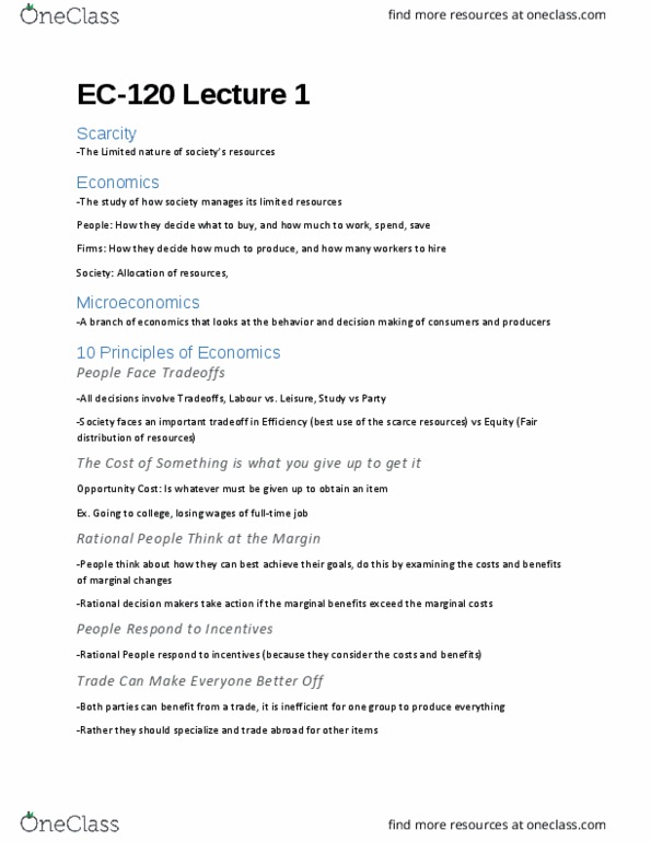 EC120 Chapter Notes - Chapter 1: Invisible Hand, Opportunity Cost, Market Failure thumbnail