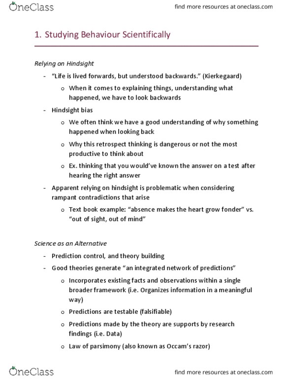 PSYCO104 Lecture Notes - Lecture 5: Hindsight Bias, Falsifiability, Scientific Method thumbnail