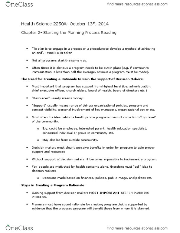 Health Sciences 2250A/B Chapter Notes - Chapter 2: Health Promotion, Needs Assessment, The Need thumbnail