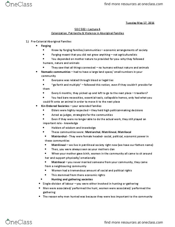 SOC 502 Lecture Notes - Lecture 4: Indian Act, Indian Register, Patrilineality thumbnail