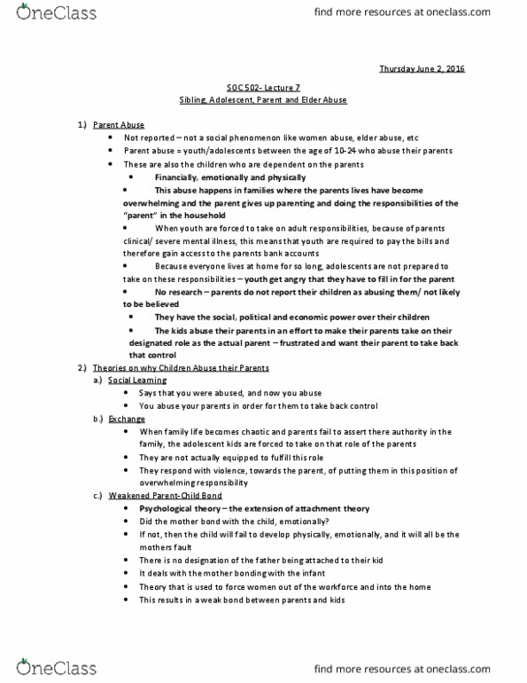 SOC 502 Lecture Notes - Lecture 7: Elder Abuse, Psychological Abuse, Attachment Theory thumbnail