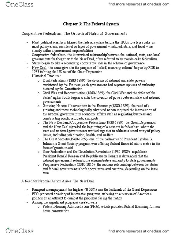 GOVT-110 FA4 Chapter Notes - Chapter 3: Layer Cake, Cooperative Federalism, Unemployment thumbnail