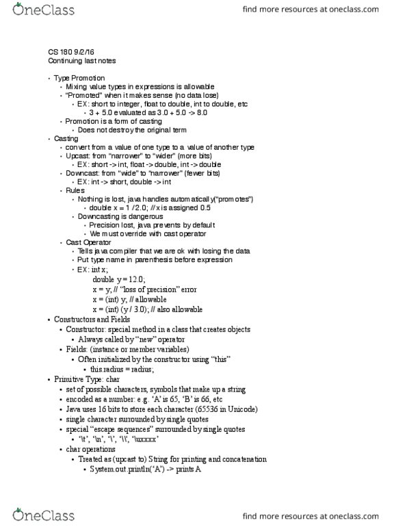 CS 18000 Lecture Notes - Lecture 5: Java Compiler, Downcasting, Concatenation thumbnail
