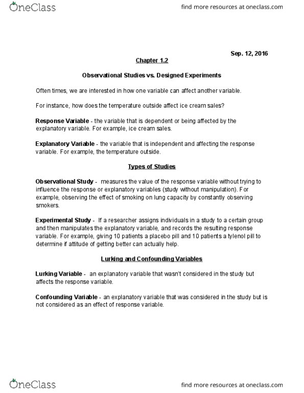 MATH 1F92 Lecture Notes - Lecture 2: Confounding, Dependent And Independent Variables, Design Of Experiments thumbnail