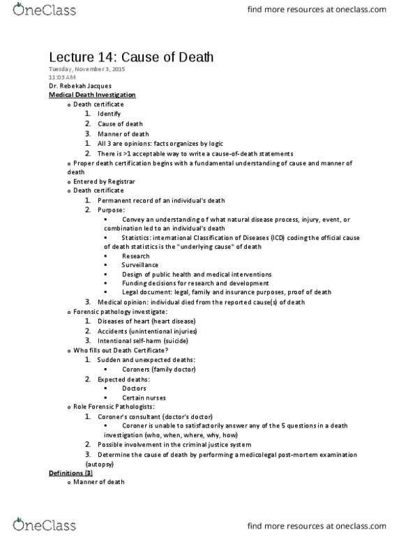 FSC239Y5 Lecture Notes - Lecture 14: Death Certificate, Forensic Pathology, Causal Chain thumbnail