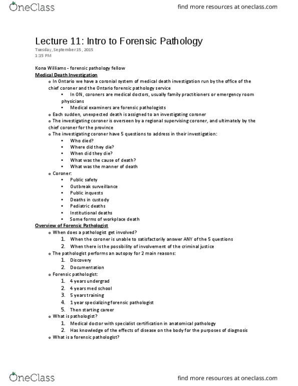 FSC239Y5 Lecture Notes - Lecture 11: Forensic Pathology, Anatomical Pathology, Coroner thumbnail