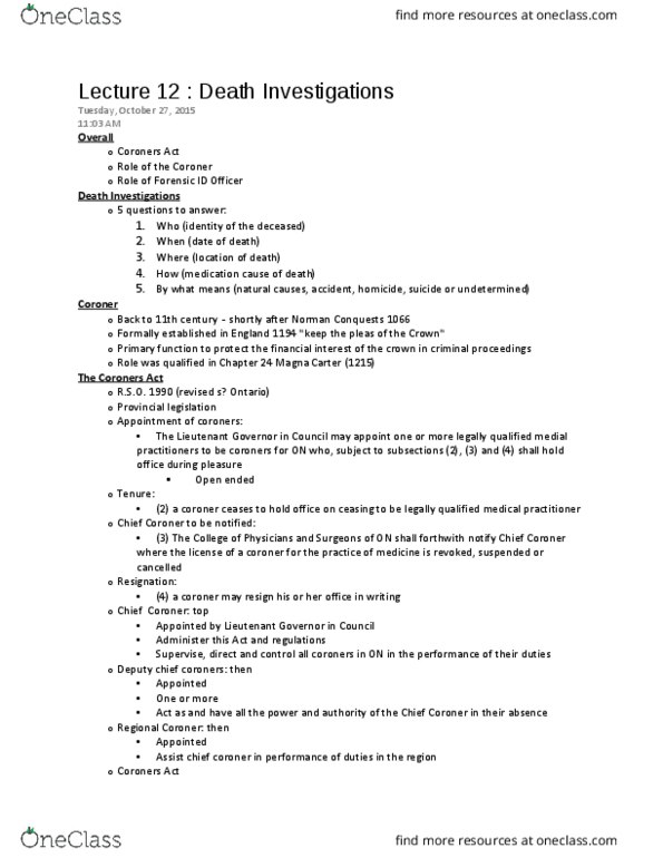 FSC239Y5 Lecture Notes - Lecture 12: Forensic Pathology, Long-Term Care, Homicide thumbnail