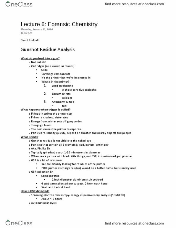 FSC239Y5 Lecture Notes - Lecture 24: Gunshot Residue, Barium Nitrate, Barium thumbnail