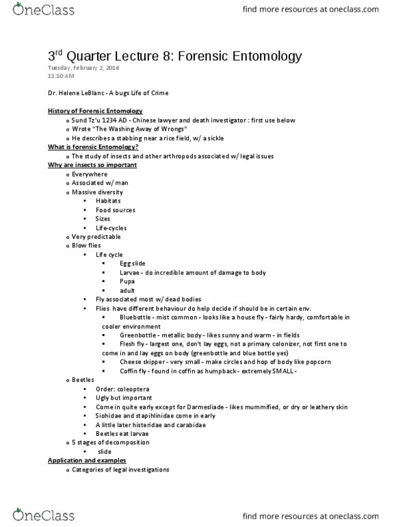 FSC239Y5 Lecture Notes - Lecture 26: Forensic Entomology, Post-Mortem Interval, Flesh Fly thumbnail