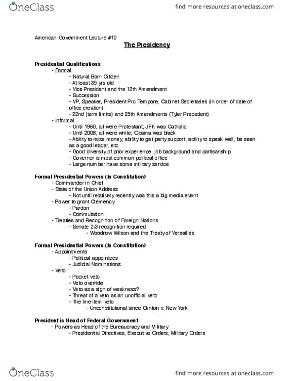 POLS 1101 Lecture Notes - Lecture 10: Pocket Veto, Michelle Obama, Nancy Reagan thumbnail