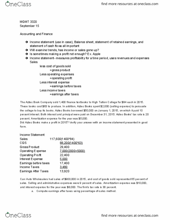 MGMT 3320 Lecture Notes - Lecture 3: Retained Earnings, Income Statement, Balance Sheet thumbnail
