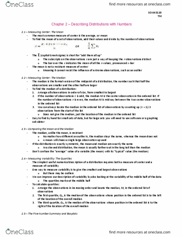 SOAN 3120 Chapter Notes - Chapter 2: Quartile, Box Plot, Graphing Calculator thumbnail