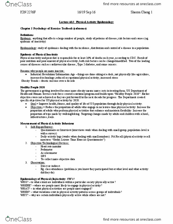 Kinesiology 2276F/G Lecture Notes - Lecture 5: Healthy People Program, Heart Rate Monitor, Diabetes Mellitus Type 2 thumbnail