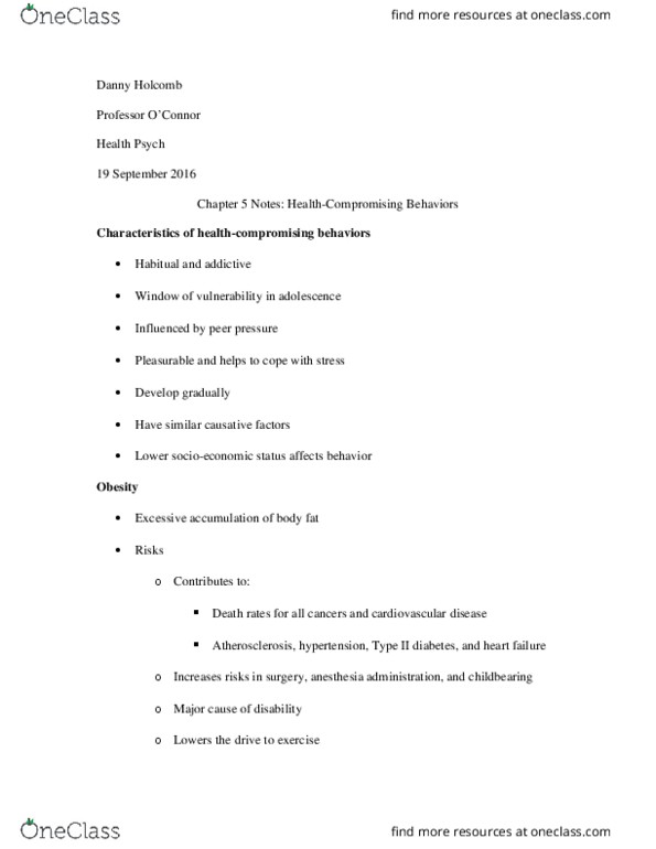 PSY 383 Chapter Notes - Chapter 5: Cognitive Behavioral Therapy, Diabetes Mellitus Type 2, Binge Eating thumbnail