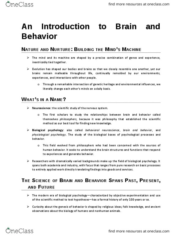 PSYC 3670 Chapter Notes - Chapter 1: Behavioral Neuroscience, Ontogeny, Pineal Gland thumbnail
