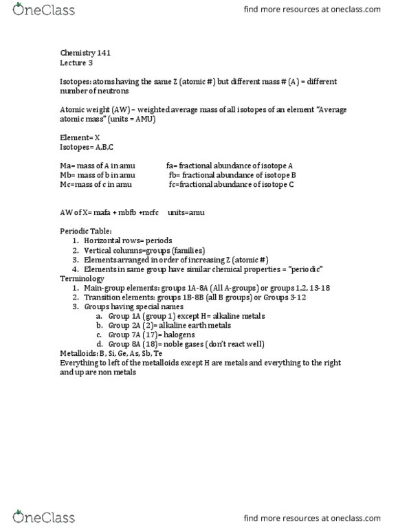 CHM 141 Lecture Notes - Lecture 3: Unified Atomic Mass Unit, Relative Atomic Mass, Weighted Arithmetic Mean thumbnail