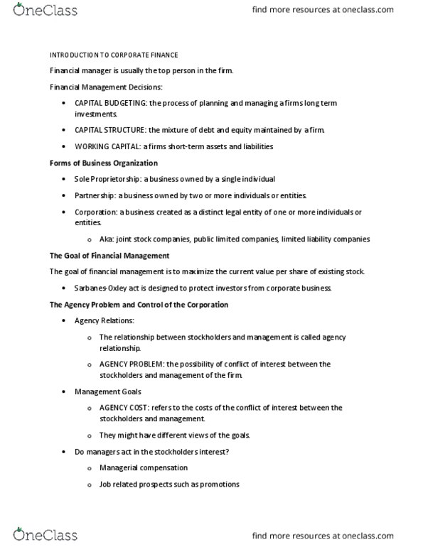 FIN 3200 Chapter Notes - Chapter 1: Joint-Stock Company, Sole Proprietorship, European Cooperation In Science And Technology thumbnail